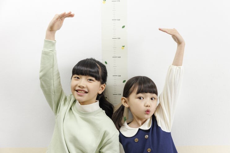 성장 키재기 자 앞에서 키를 재는 두 아이