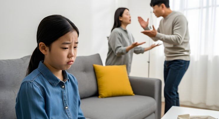 부모가 다투는 모습에 마음이 불편해 보이는 아이