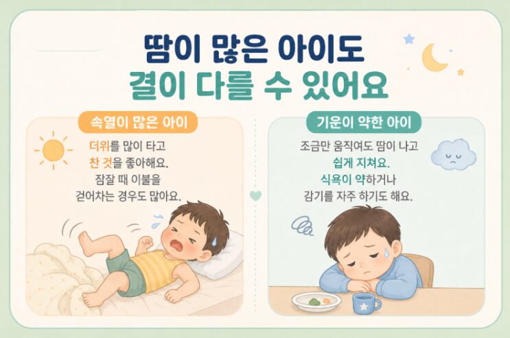 아이 체질에 따라 밤 땀의 원인과 방향이 달라짐을 보여주는 이미지