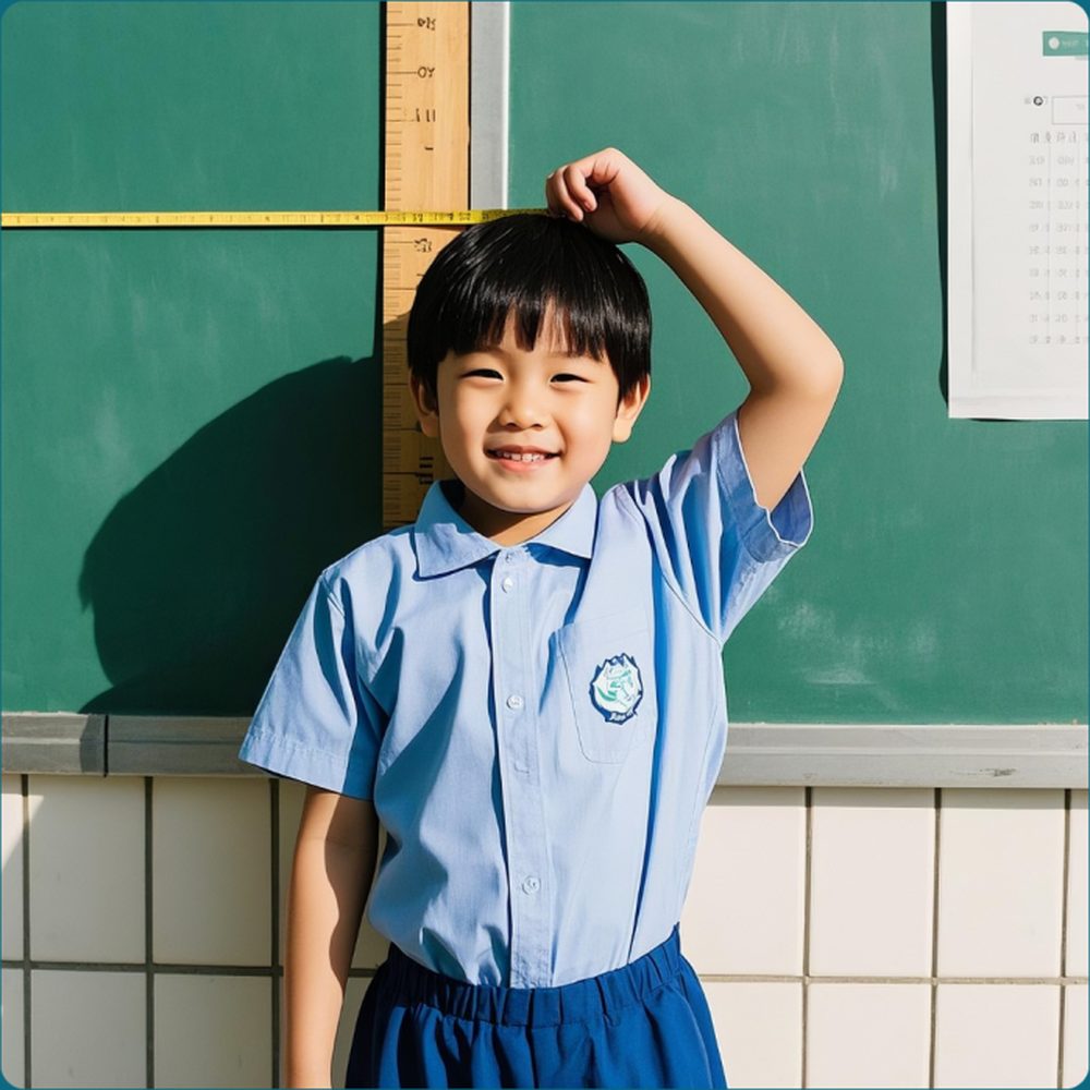 벽 키 눈금 앞에서 키를 재는 아이, 함소아한의원 부산 해운대점 성조숙증 비만 클리닉