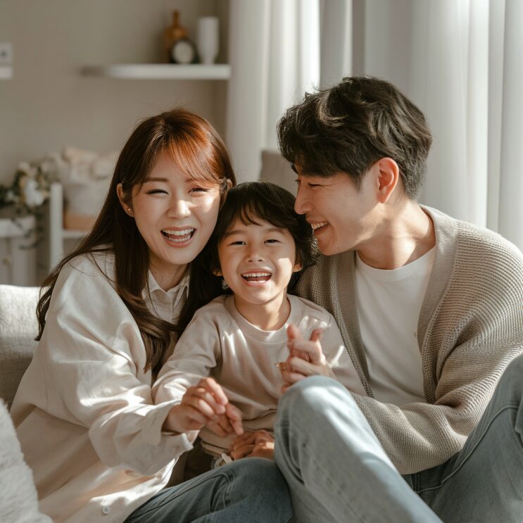 소파에서 아이를 가운데 두고 함께 웃는 부모
