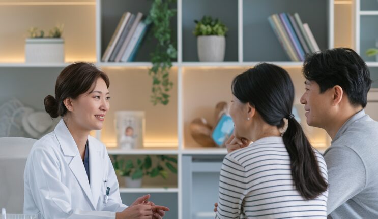 한의사가 부모와 마주 앉아 아이 상태를 상담하는 장면