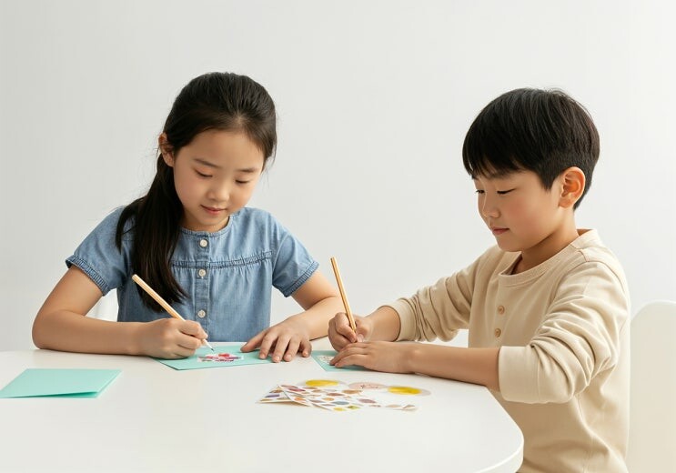 책상에 앉아 함께 공부하고 있는 두 아이