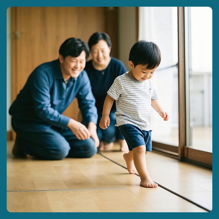 부모가 지켜보는 앞에서 선을 따라 걷는 아이