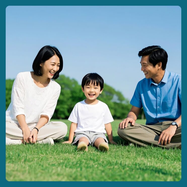 잔디밭에 앉아 함께 웃고 있는 가족
