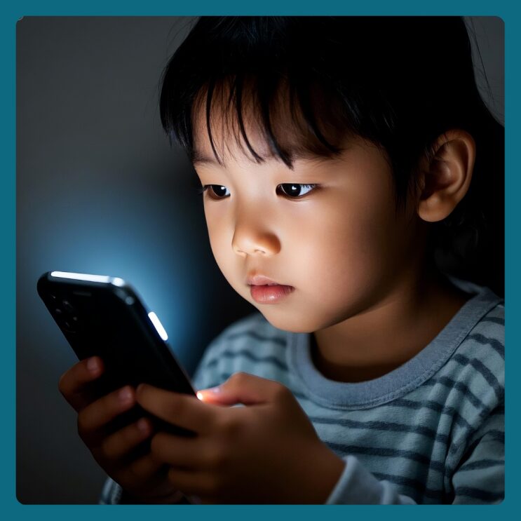 어두운 방에서 밝은 화면을 보고 있는 아이