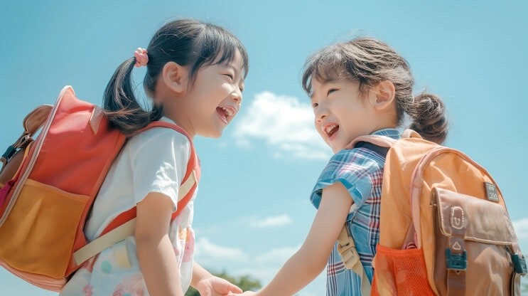책가방을 메고 마주 보며 웃는 두 아이