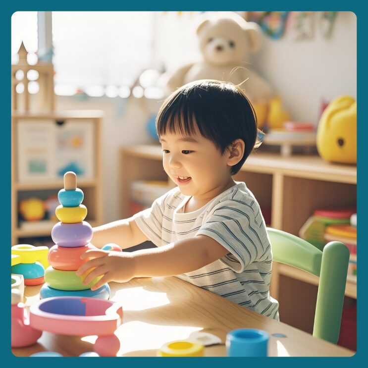 어린이집에서 장난감을 쌓으며 즐겁게 노는 아이