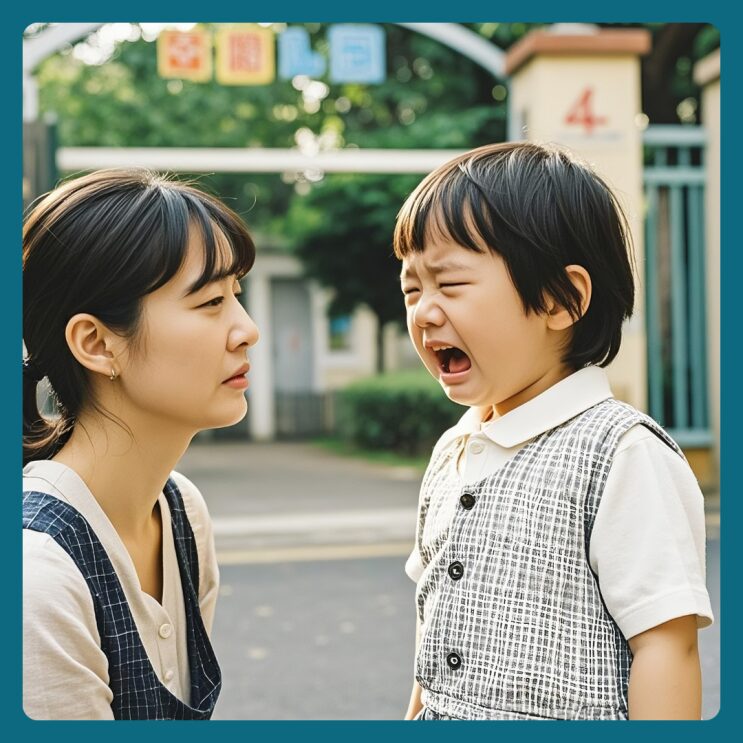 등원길에 울며 떼쓰는 아이를 달래는 엄마
