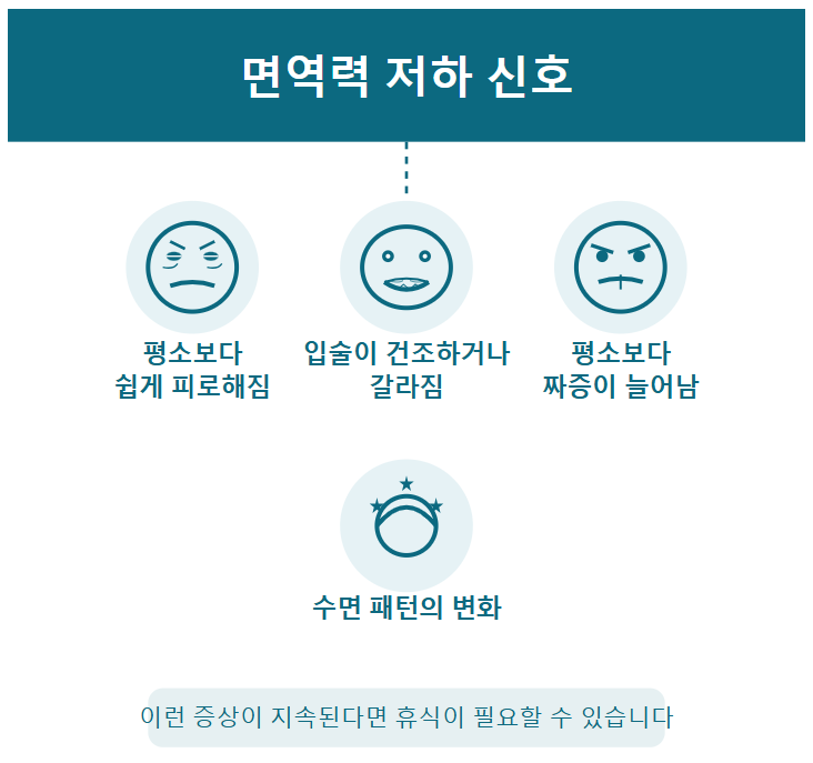 쉽게 피로함과 입술 건조, 짜증 증가, 수면 패턴 변화 등 면역력 저하 신호를 정리한 이미지