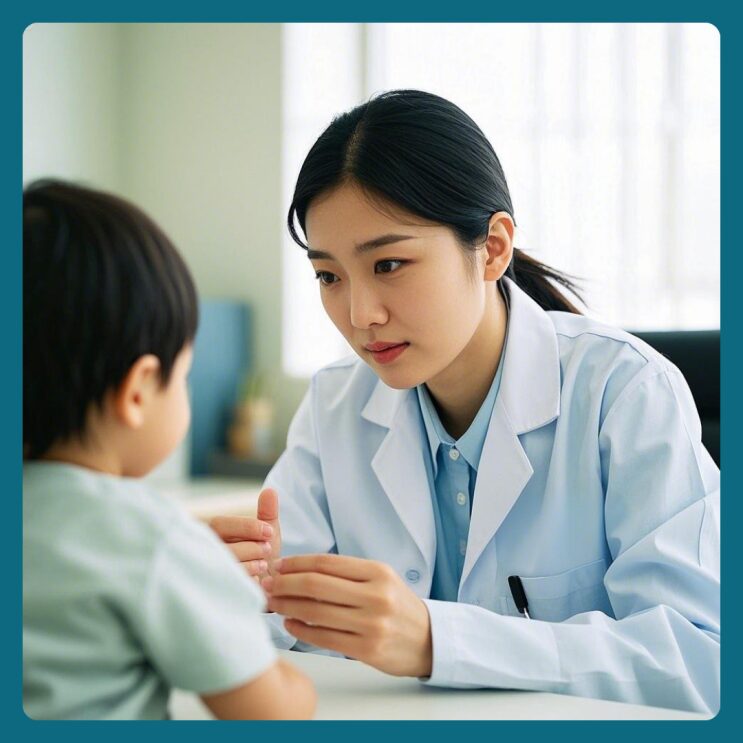 한의사가 아이와 마주 앉아 눈높이를 맞추고 이야기하는 모습