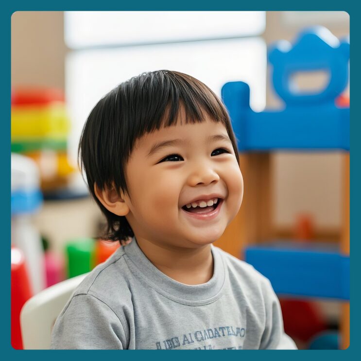 어린이집에서 환하게 웃고 있는 아이