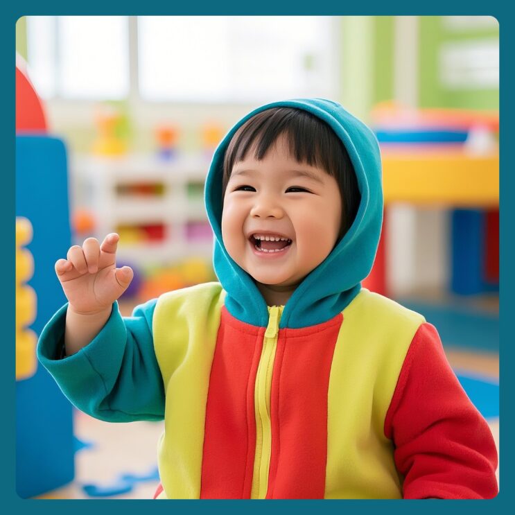 겉옷을 입고 손을 들어 인사하는 아이