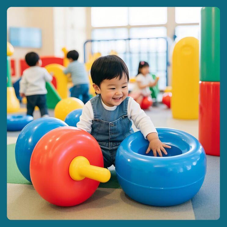 어린이집 놀이 공간에서 장난감을 밀며 노는 아이