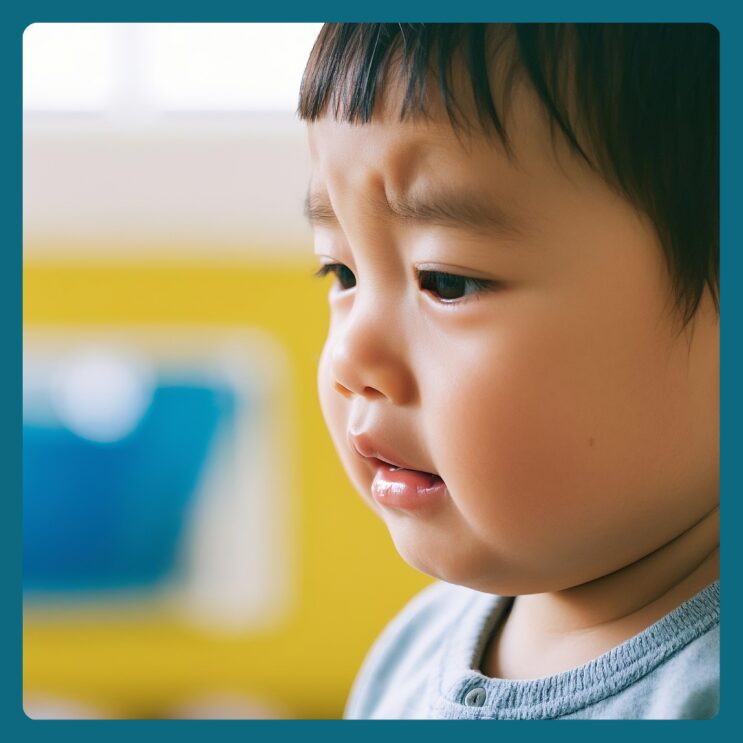 울먹이는 표정으로 서 있는 아이