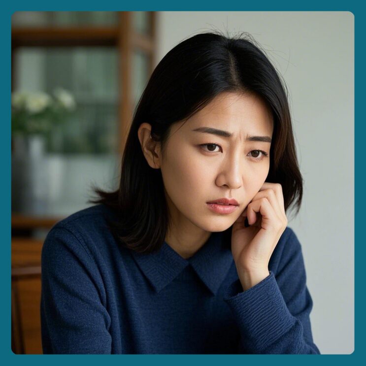 턱을 괴고 걱정스러운 표정으로 앉아 있는 엄마