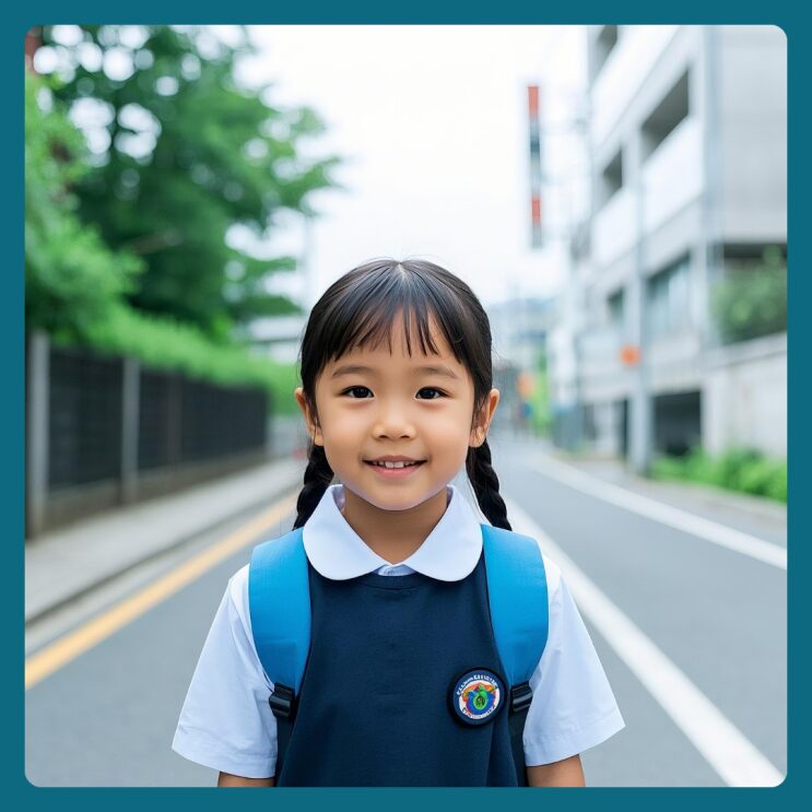 책가방을 메고 등굣길에 선 아이