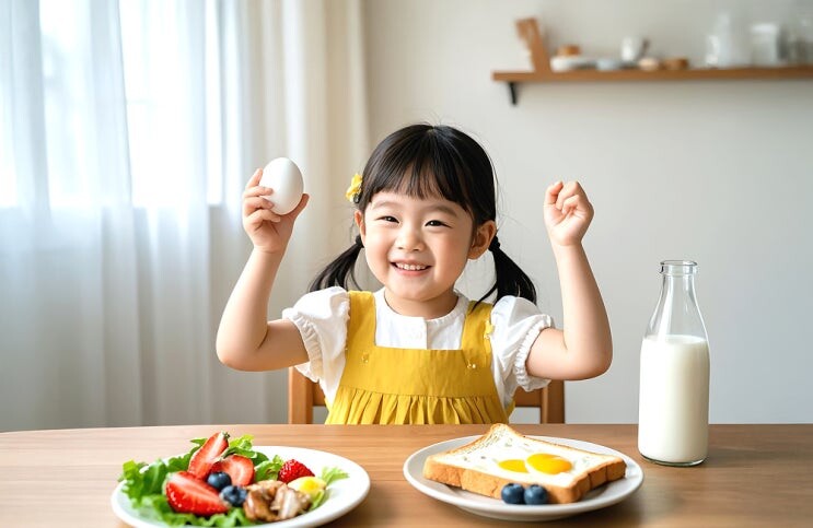 아침 식사를 앞에 두고 달걀을 든 채 웃는 아이